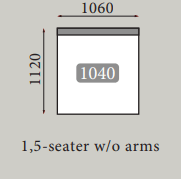 Mål for 1,5-personers sofa uden armlæn, 1060 mm bredde, 1120 mm højde, 1040 mm dybde.