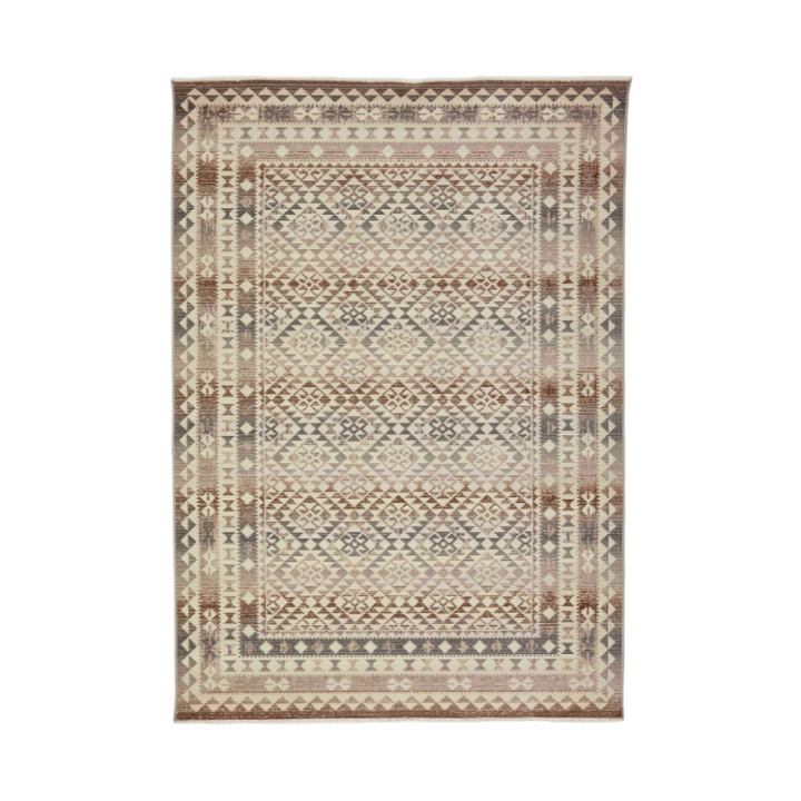 Mohaw Beige tæppe med geometriske mønstre i afdæmpede farver, inspireret af traditionelle Kelim-tæpper.