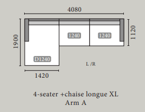 Målskitse af en 4-personers sofa med chaise longue XL, Arm A, visende dimensioner i cm.